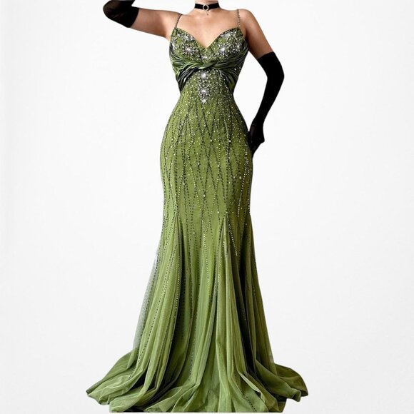 Vintage Green Flared Floral Beaded Mesh Bodycon Maxi Prom Dress Size S - Picture 1 of 8